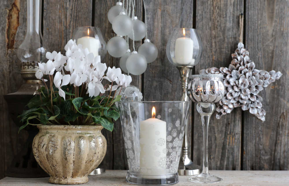 Christmas scene with white candle, glasses and cyclamen.