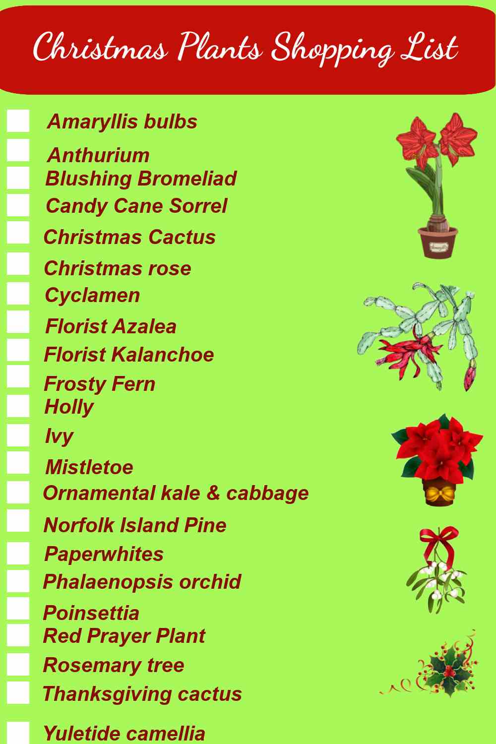 Shopping List for Christmas Plants with names and checkboxes.